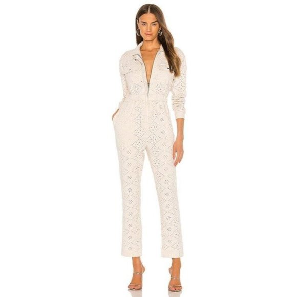 NWT FREE PEOPLE SET THE TONE EYELET JUMPSUIT IVORY - Picture 2 of 9